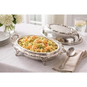 Poole Silver Co USA 1950s Silverplate Lancaster Rose Footed Covered Dish 13x9x4”